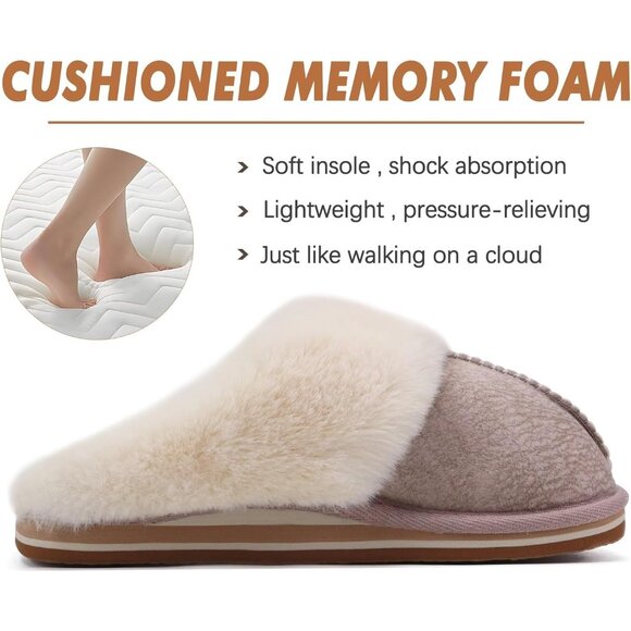 ⚡Women Beige Suede Fluff Dual Memory Foam Arch Support Warm Scuff Slipper - Picture 4 of 7